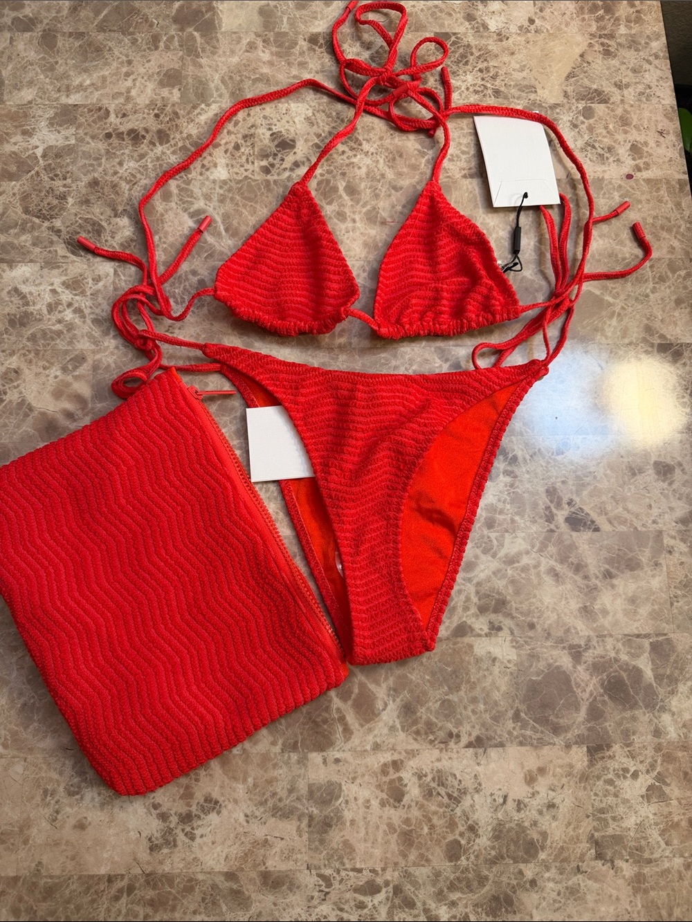 triangl swimwear Red Textured Triangle Bikini with Matching Skirt